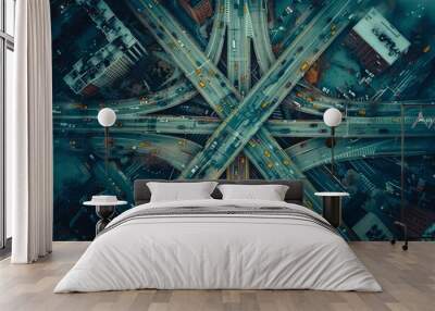 Aerial bird's eye automobile intersection Wall mural