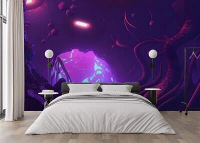 alien cave with slimy floor and tentacles purple lights cinematic lighting aline eggs everywhere slimy walls  Wall mural