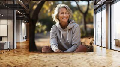 an elderly beautiful woman of 50 years old with gray white hair, a wide smile, in an hoodie in the park Wall mural