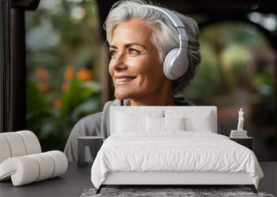 an elderly beautiful woman of 50 years old with gray white hair, a wide smile, with wireless large modern headphones on her ears, listens to music, in an unbuttoned hoodie, t-shirt, in the park Wall mural