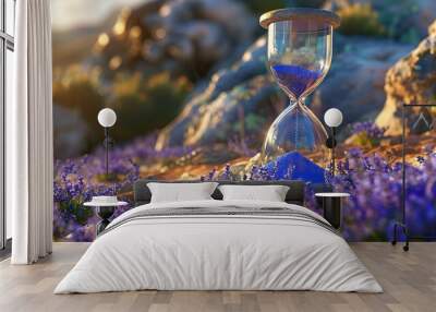 An hourglass in an open scenery with lavender and blue sand on a brown stone Wall mural