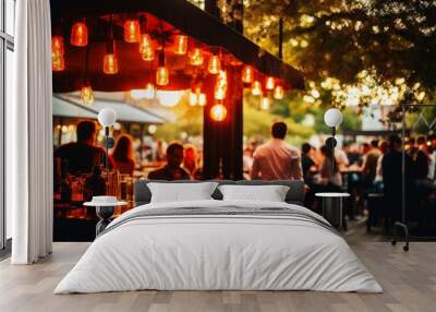 An outdoor bar and restaurant with people. Wall mural