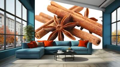 Anise star and cinnamon sticks on transparent background Wall mural