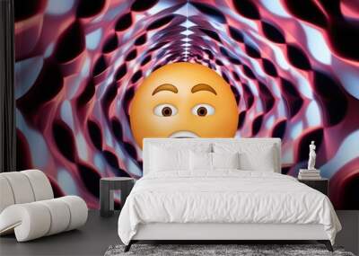 Anxious Face Emoji Expressing Deep Horror Against Optical Illusion Background in 3D Rendering Wall mural