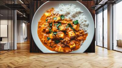 Aromatic chicken tikka masala is served with rice and coriander on a white plate placed on a dark wooden table Wall mural