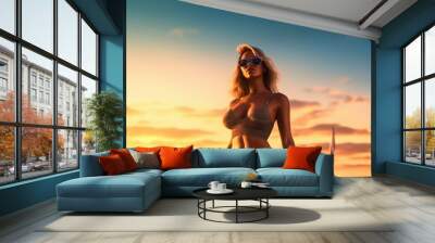 Artwork of a sexy woman wearing a bikini at the beach during sunset created with generative AI technology. Wall mural