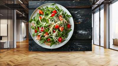 Arugula salad with cherry tomatoes and parmesan cheese is served on a white plate Wall mural