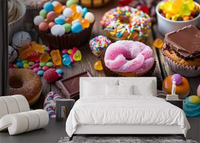 Assortment of products with high sugar level like candies gummy candies soda donuts chocolate lollipop wafers and cupcakes on rustic wooden table Wall mural