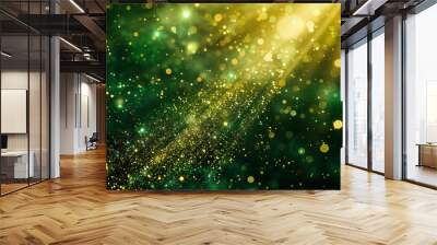 Asymmetric green light burst. abstract beautiful rays of lights on dark green background with the color of green and yellow. golden green sparkling backdrop with copy space. Wall mural