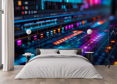 Audio mixing console in a recording studio with colorful lights reflecting on the buttons and faders Wall mural