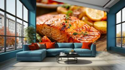 Barbecued salmon fried potatoes and vegetables on wooden background Wall mural