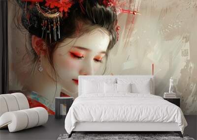 Beautiful geisha with red makeup wearing traditional kimono looking down. Copy space for text Wall mural