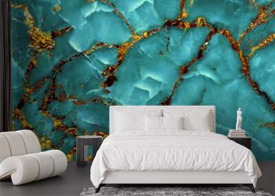 Luxurious Aqua Tone onyx marble with golden veins high resolution, Turquoise Green marble, polished slice mineral, blue water in swimming pool rippled water surface detail background modern interior Wall mural