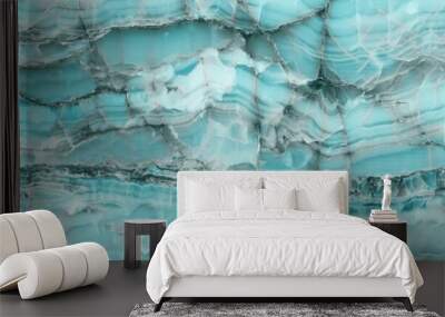 Marble granite aqua blue panorama background wall surface pattern, close up blue surface texture of elegance stone used for background. emperador marbel slab, onyx marble texture and luxury granit. Wall mural