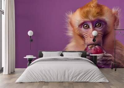 Blond uakari monkey on a basic purple background eating plums Wall mural