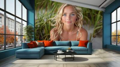 Blonde Beauty: Enchanting Young Woman with Wavy Hair and Sky Blue Eyes in Bikini and Mini Skirt Wall mural