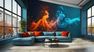 Blue and orange smoke with shiny glitter particles abstract background 2 Wall mural