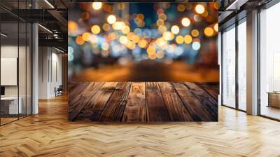 Blurred city lights at night background on an empty wooden tabletop, ideal for showcasing your product Wall mural