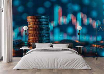 Blurred digital background with stack of coins representing financial growth and inflation Wall mural