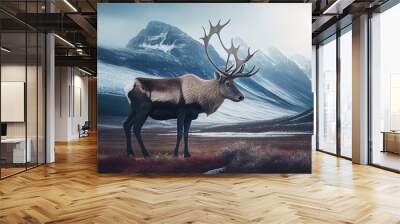 Breathtaking Tundra Scene: Majestic Reindeer in Rugged & Resilient Icy Landscapes, generative AI Wall mural