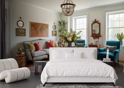 Bright and Cozy Living Room Featuring Vintage Wooden Table and Welcoming Decor Wall mural