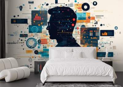 Businessman analyzing big data flow visualization technology background Wall mural