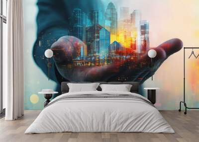 Businessman grasping a futuristic cityscape, representing innovation, technological advancement, and urban growth Wall mural