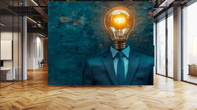 Businessman with light bulb head standing near blue wall, concept of idea. Copy space for text Wall mural