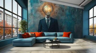 Businessman with light bulb head standing near blue wall, concept of idea Wall mural