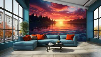 A bright, colorful sunrise over a calm lake Wall mural