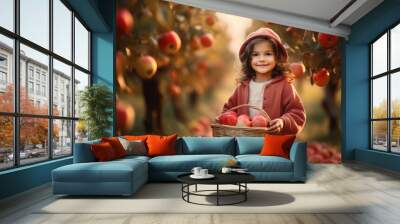 Child with basket of apples in orchard Wall mural