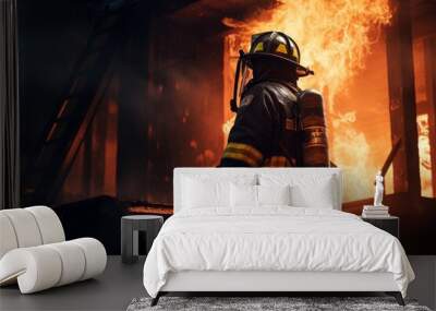 Firefighter putting out fire in burning building Wall mural