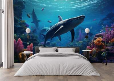 Plesiosaurs swimming in prehistoric coral reef Wall mural