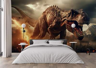 T-Rex battling triceratops in prehistoric showdown Wall mural