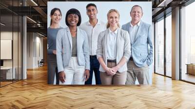 Happy, company diversity and portrait of business people in a legal office for work. Smile, corporate and lawyers on a wall for agency profile, about us or solidarity in the workplace together Wall mural