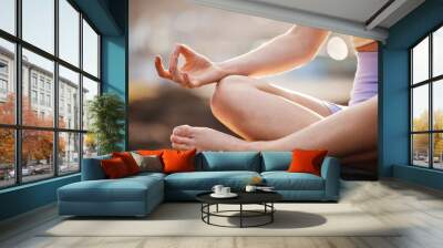 Woman, hands and yoga in meditation for wellness, exercise or workout for healthy wellbeing in the outdoors. Female hand in fitness, spiritual training and meditating for mind, body and awareness Wall mural