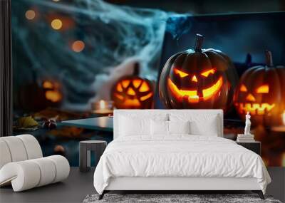 Candle lit halloween pumpkins in the laptop very detailed and realistic shape Wall mural