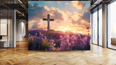 Captivating sunset over a lavender field with a rustic cross, symbolizing faith, hope, and reflection Wall mural