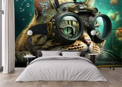 cat in scuba gear, funny scuba cat, cat in scuba gear looking for fish, cat fishing, scuba cat, swimming underwater,generative ai Wall mural