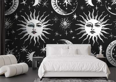 Celestial and mystical design featuring sun and moon faces surrounded by stars in a seamless pattern Wall mural