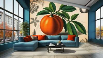 Charming Vintage Mandarin Isolated on Retro Botanical Sketch Background Wall mural