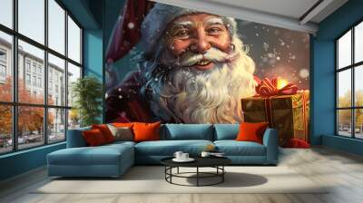 Cheerful santa claus in red suit and hat holding a shiny christmas gift with a red bow and smiling Wall mural