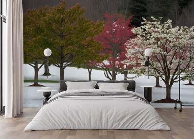 Chestnut and Dogwood Trees in Snowy Landscape with Lush Foliage and Vibrant Structures Wall mural