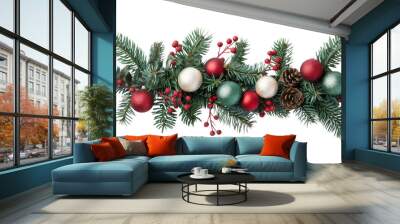 Christmas Branches Border with Christmas Decorations on Transparent Background Wall mural