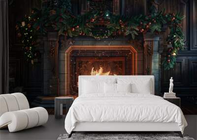 Christmas decor: a festive garland adorns a cozy fireplace in a stone hearth Wall mural