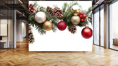 Christmas tree branches border garland on transparent background Wall mural