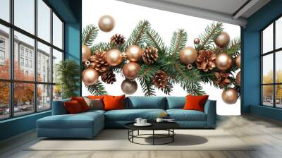 Christmas tree branches border garland on transparent background Wall mural