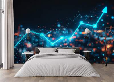 Cityscape background with digital illustrations of upward trending graphs, representing economic growth Wall mural