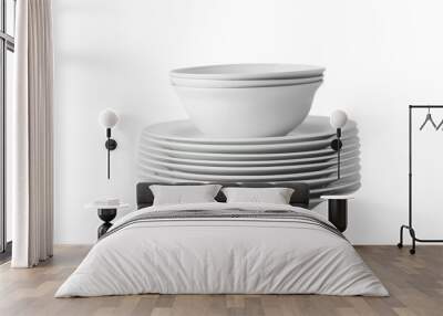 Clean stack of white plates and bowls on transparent background Wall mural