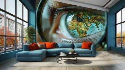 Close up of the eye as if looking through a magnifying glass at the world map Wall mural